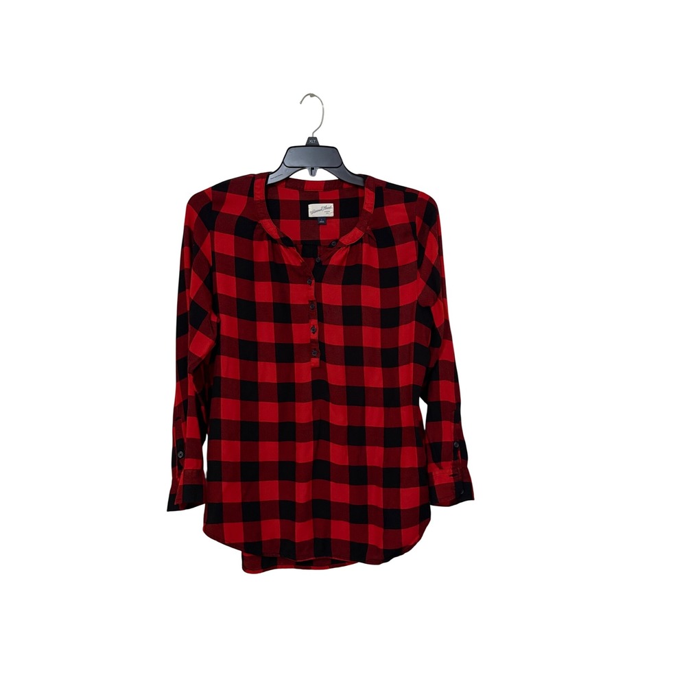 Universal Thread Red Black Buffalo Plaid Henley Blouse Long Sleeve Rayon Large